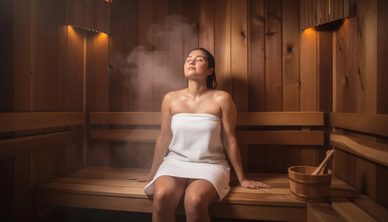 A person is peacefully relaxing with closed eyes inside a wooden cedar sauna cabin, illuminated by warm amber lighting, creating a tranquil environment ideal for enhancing relaxation. This sauna experience promotes muscle relaxation and mental well-being, making it a valuable tool for self-care and wellness routines.