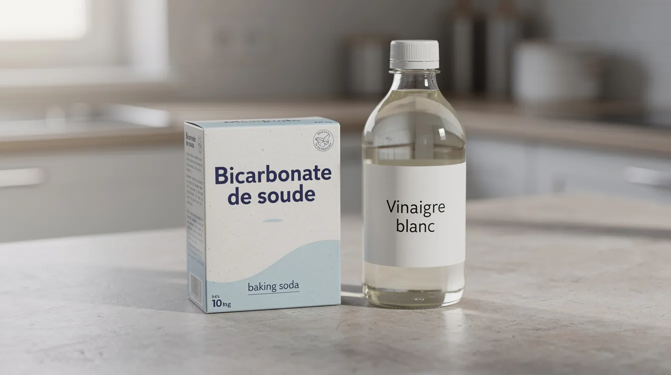 L'image montre une boîte de bicarbonate de soude et une bouteille de vinaigre blanc posées sur un plan de travail de cuisine, prêtes à être utilisées pour le nettoyage ou la lutte contre les mauvaises odeurs. Ces produits chimiques courants sont souvent employés pour déboucher les canalisations ou assainir les surfaces.