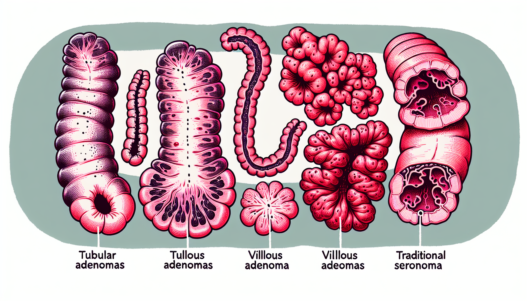 Illustration of different types of adenomas in the colon