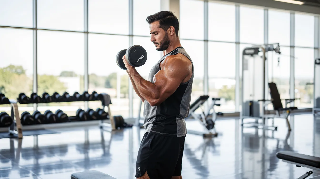 Un homme s'entraîne dans une salle de sport lumineuse, réalisant des exercices de musculation avec des haltères pour développer sa masse musculaire et augmenter son taux de testostérone. L'environnement dynamique souligne l'importance du sport pour le bien-être physique et la santé.
