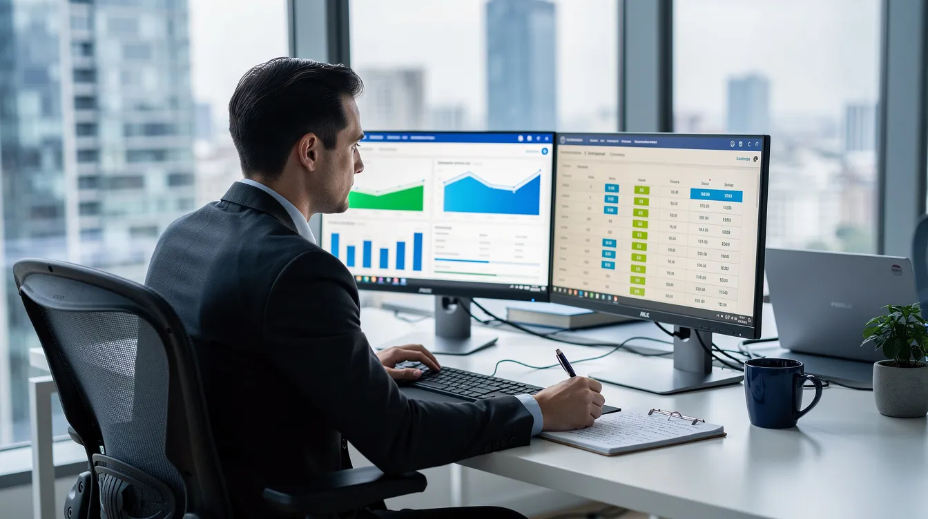 The image depicts a business person analyzing two computer screens side by side, comparing options for international payments and payment platforms like Payoneer and Stripe. The screens display various details such as transaction fees, payment flows, and the key differences in accepting payments from international clients.