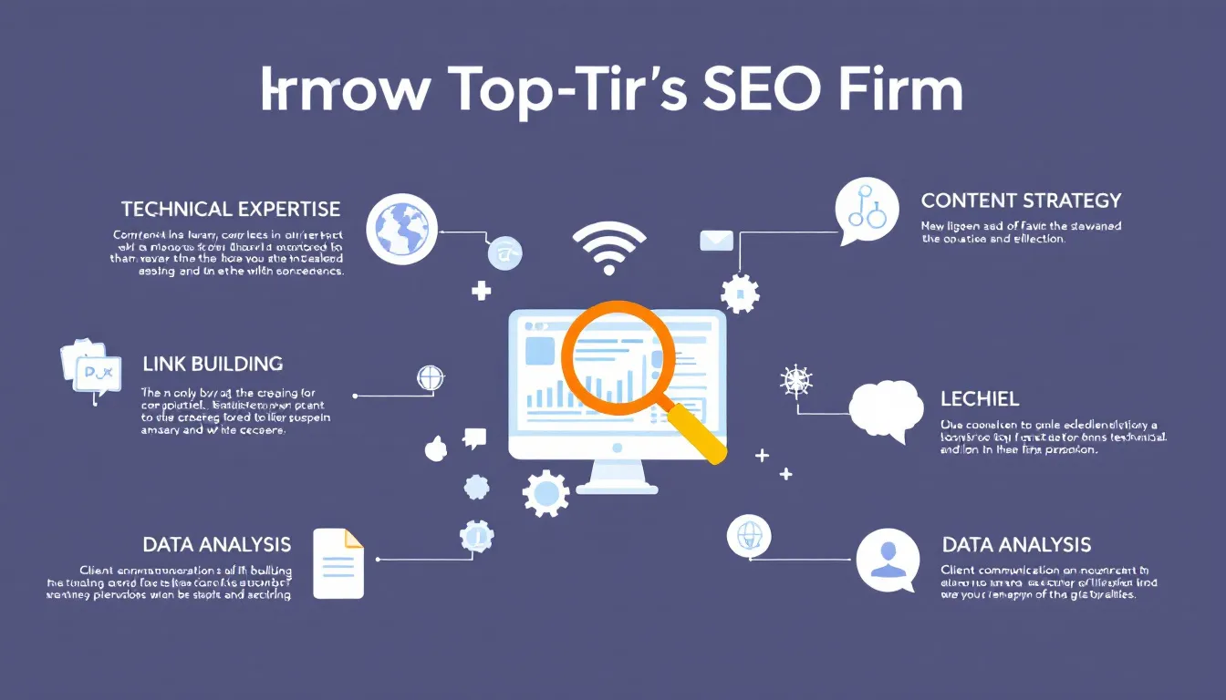 An informative graphic highlights the key elements that define a top-tier SEO firm, showcasing various aspects such as SEO strategies, technical SEO audits, and the importance of organic traffic for improving search rankings. It emphasizes the role of SEO agencies in enhancing online visibility and driving business performance through effective digital marketing techniques.