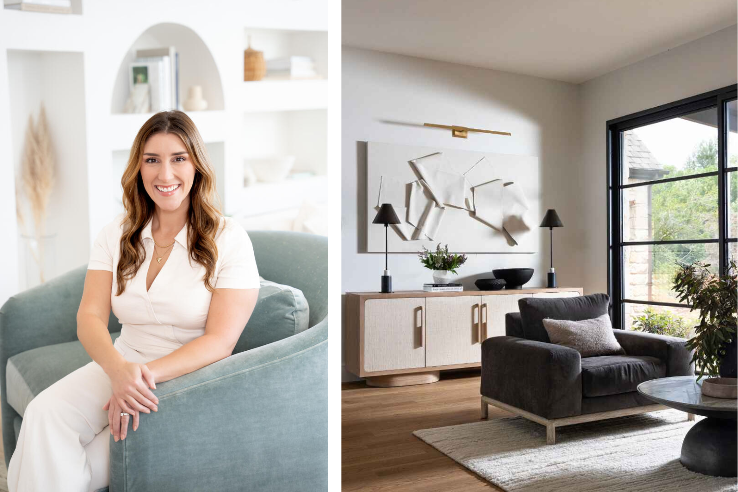 Portrait of interior designer April Littmann smiling while seated on a soft blue armchair; bright and modern interior with built-in shelving in background.