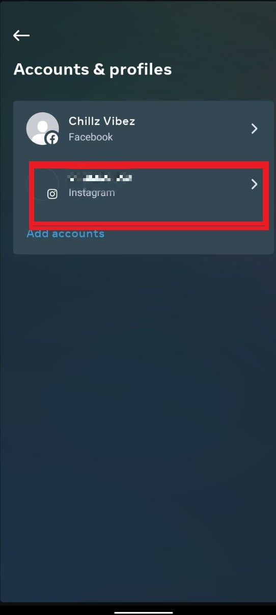 Click on the Instagram account name in Account and Profiles