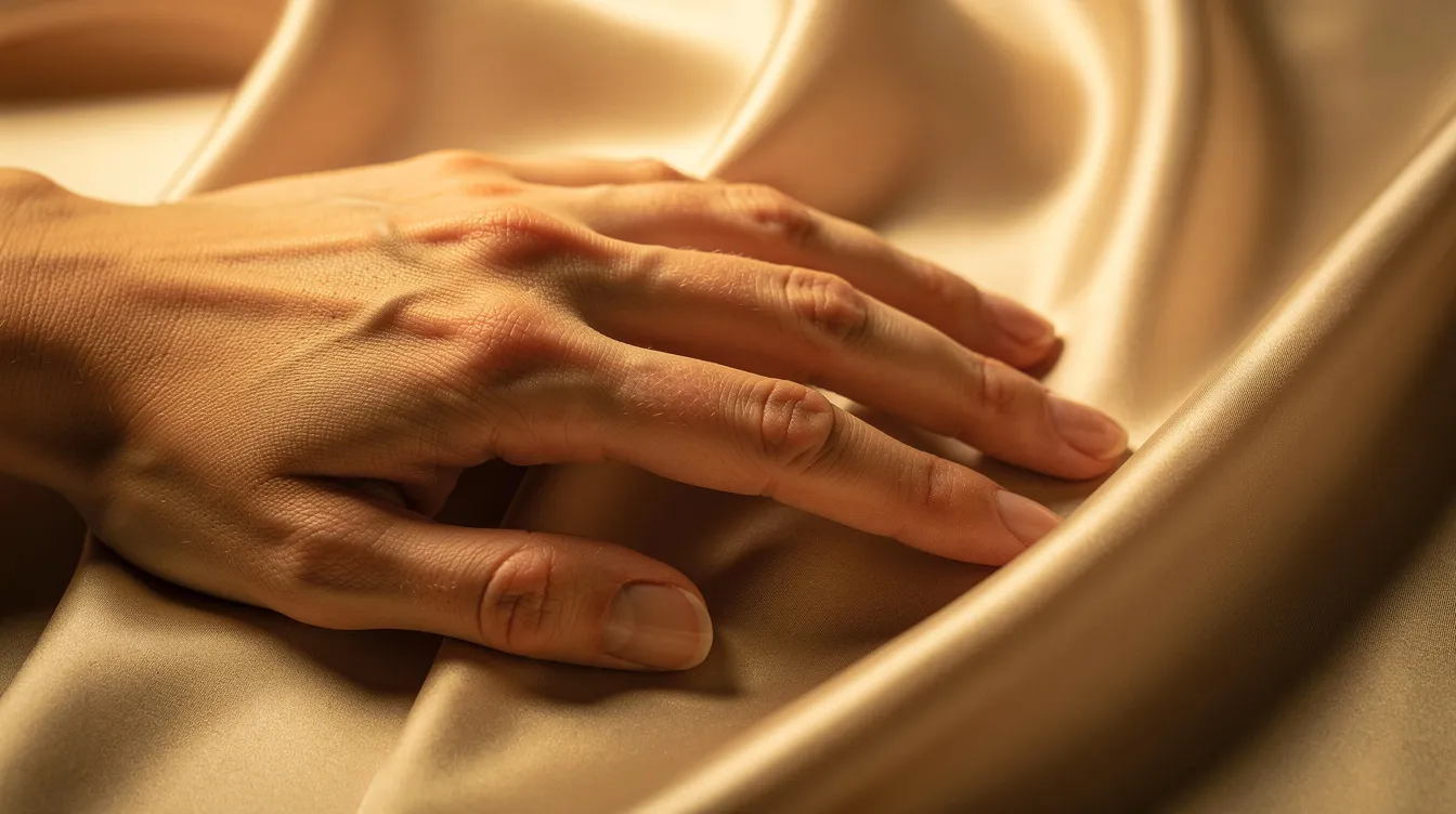 The image features a close-up of a hand delicately resting on smooth silk fabric, illuminated by warm lighting that enhances the softness of the scene. This artistic composition evokes a sense of intimacy and relaxation, inviting thoughts of pleasure and sensuality.