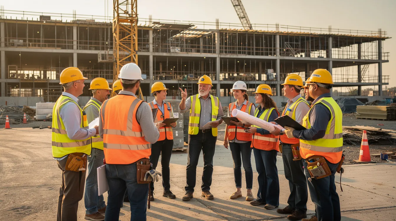 A group of construction workers in hard hats is gathered in a circle on a commercial job site, engaged in a safety discussion, emphasizing the importance of safety culture and initiatives to protect employees from hazards. This toolbox talk highlights their commitment to training and promoting safety leadership within their organization.