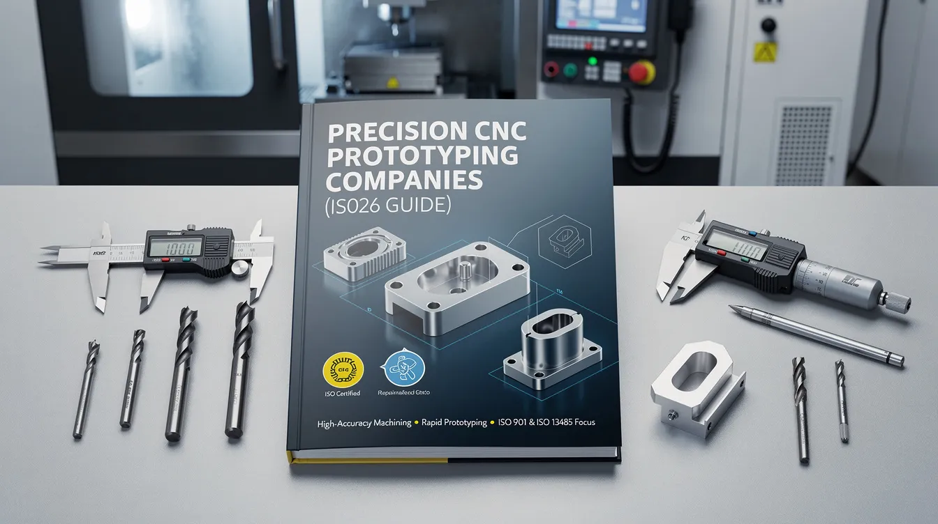 The image depicts a modern CNC machine shop, showcasing advanced CNC machining capabilities with various precision CNC prototyping equipment. The setting emphasizes ISO certification standards, highlighting the focus on quality management and precision machining services for industries like aerospace and medical devices.
