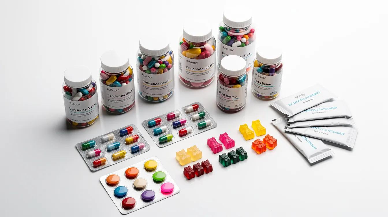 An array of various dietary supplements, including colorful gummies and capsules, is neatly arranged on a clean white surface, showcasing different formats of cordyceps products, known for their potential benefits in supporting energy levels and exercise performance. These mushroom supplements highlight the traditional use of cordyceps sinensis and cordyceps militaris in traditional Chinese medicine.