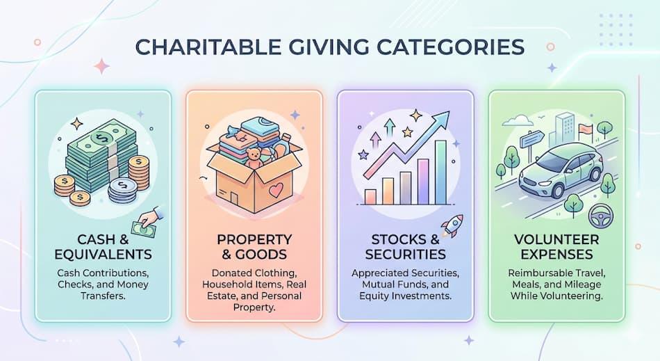 A clean infographic showing the four types of eligible donations: Cash, Property, Stocks, and Volunteer Expenses, with simple icons for each.