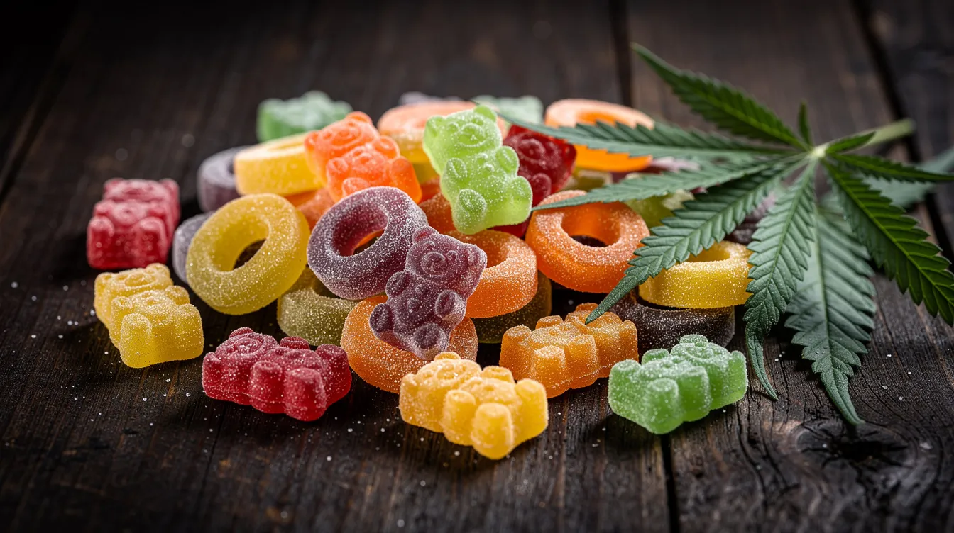 The image features an array of vibrant, fruit-flavored gummy candies artfully arranged on a dark wooden surface, accompanied by a few green cannabis leaves, hinting at the potential benefits of hemp-derived cannabinoids like THCP. These colorful gummies may provide a delightful treat while interacting with the body's cannabinoid receptors.