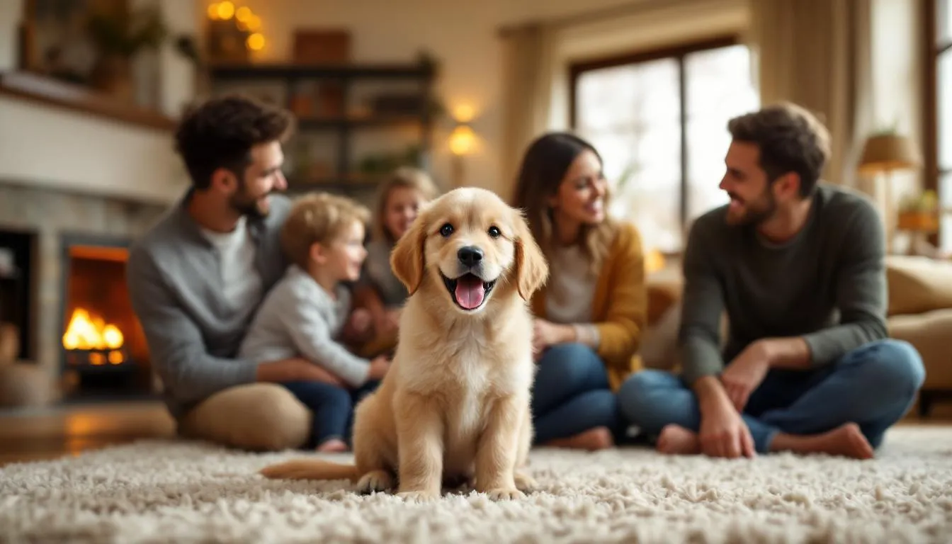 In a cozy living room, a small goldendoodle sits happily with a family, showcasing its friendly and affectionate nature. The scene captures the joy of having a mini goldendoodle as a beloved family pet, surrounded by warmth and love.