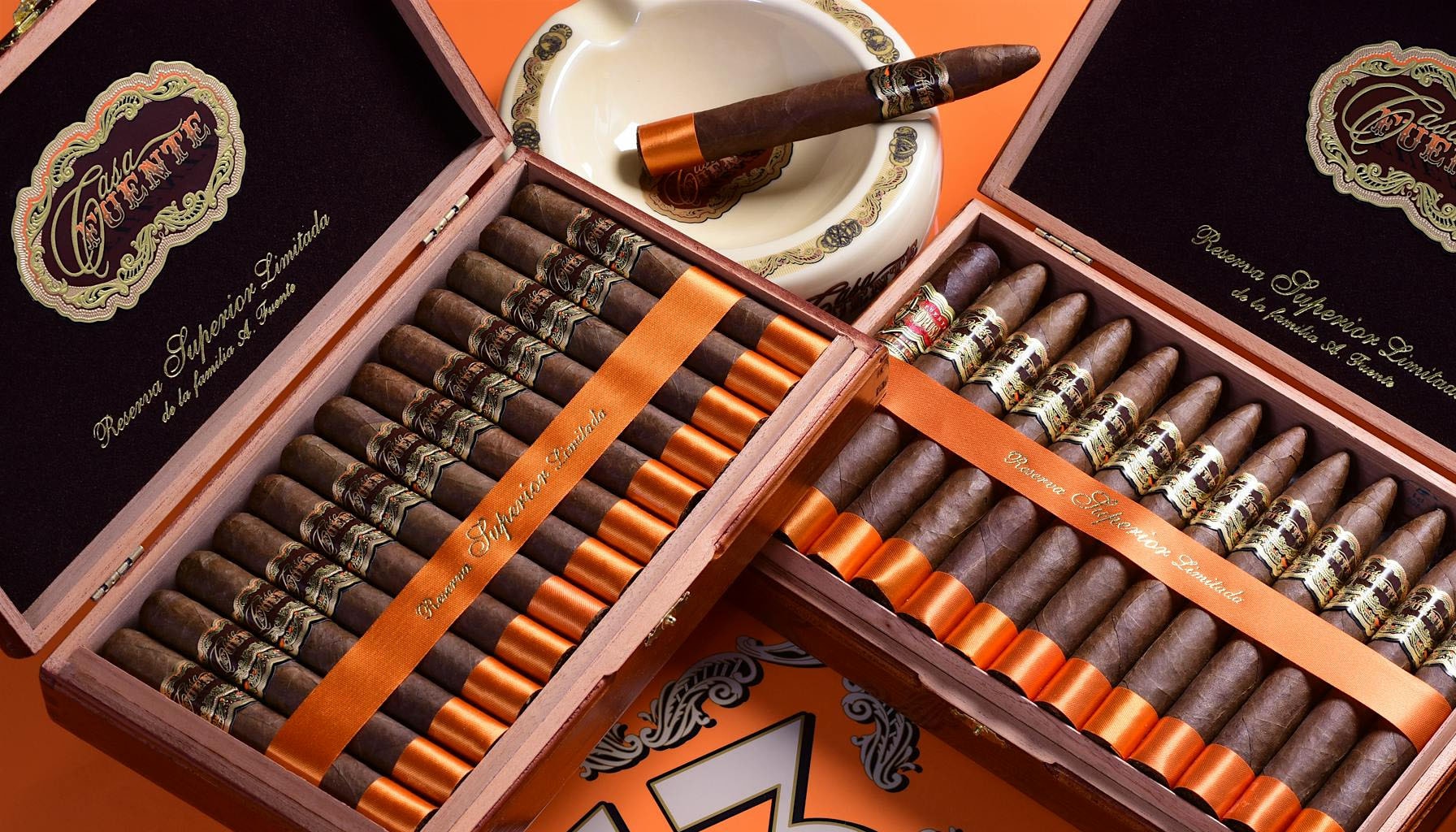 An artistic representation of a cigar collector's display featuring Arturo Fuente Casa Fuente cigars.