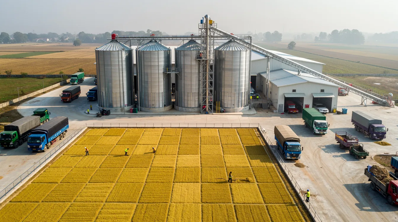 The image depicts an industrial rice processing facility featuring large storage silos and a paddy drying yard, where trucks are parked nearby. This modern rice milling plant is designed for efficient raw paddy intake and processing, contributing to the rice milling industry with a focus on quality control and high-quality rice production.