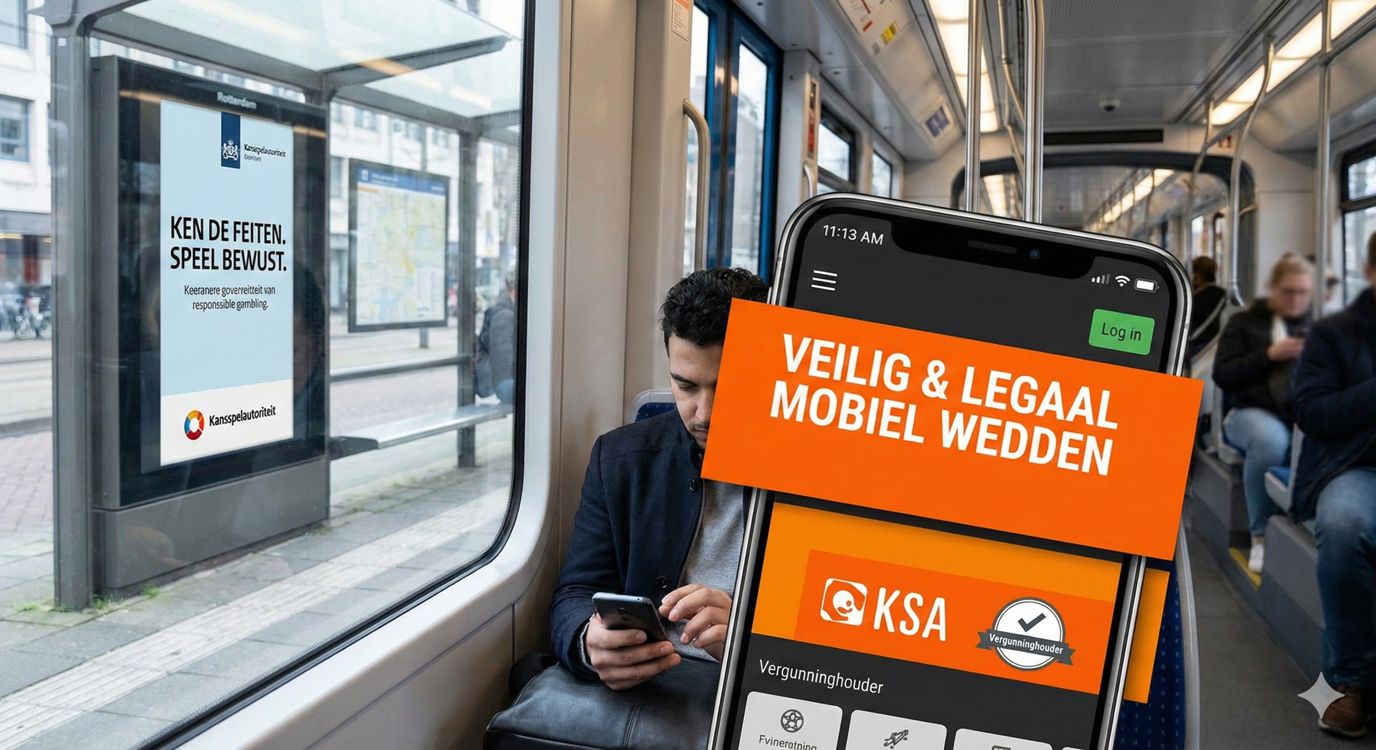 Man zit in tram en gebruikt smartphone, met overlay ‘Veilig & legaal mobiel wedden’ en KSA-logo.