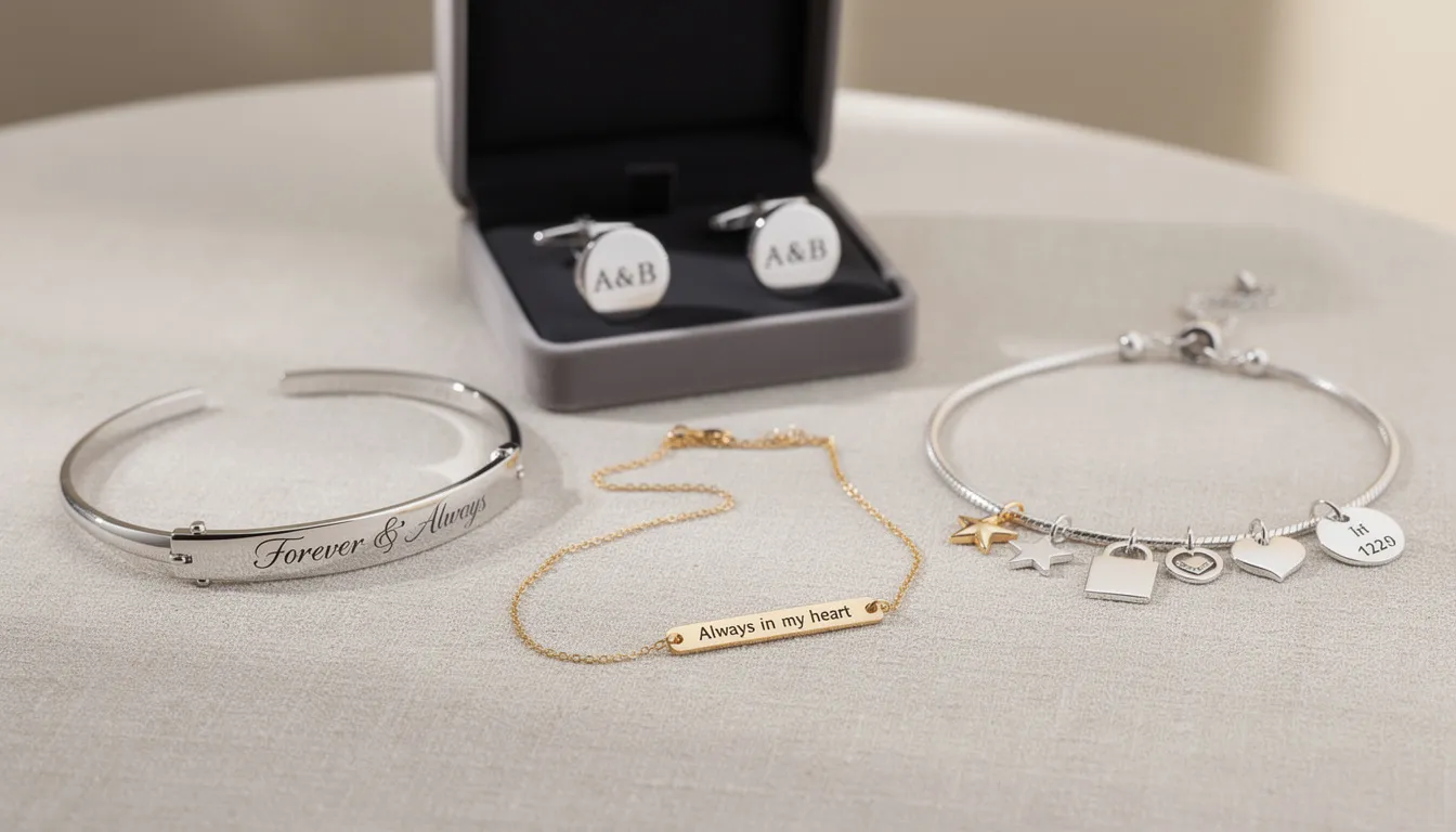 The image showcases a collection of personalized jewellery gifts, including engraved bracelets and custom-made necklaces, crafted with exquisite craftsmanship in materials like sterling silver and rose gold. These modern designs serve as a heartfelt symbol of connection, perfect for celebrating special occasions such as birthdays, weddings, or Mother's Day.