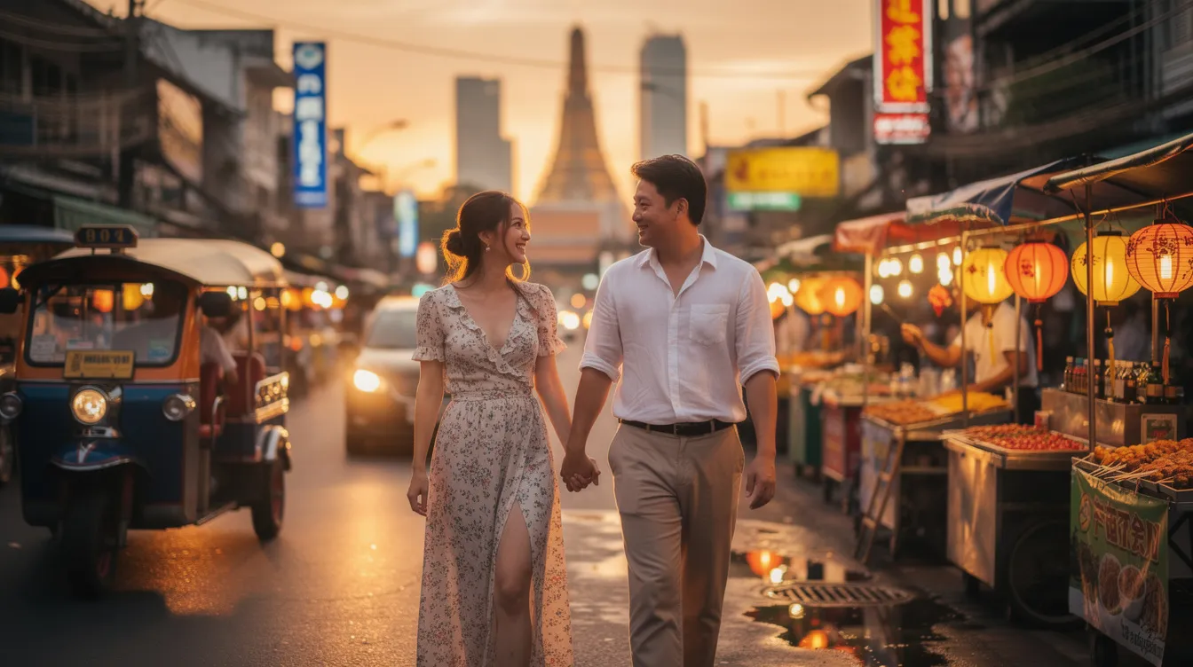 A imagem retrata um casal em lua de mel em Bangkok, Tailândia, com o icônico Grand Palace ao fundo, cercado por templos e palmeiras, representando um dos principais destinos românticos do mundo. Eles desfrutam de um café da manhã em um hotel local, enquanto o vibrante transporte público da cidade passa ao longe, refletindo a rica cultura e tradição tailandesa.