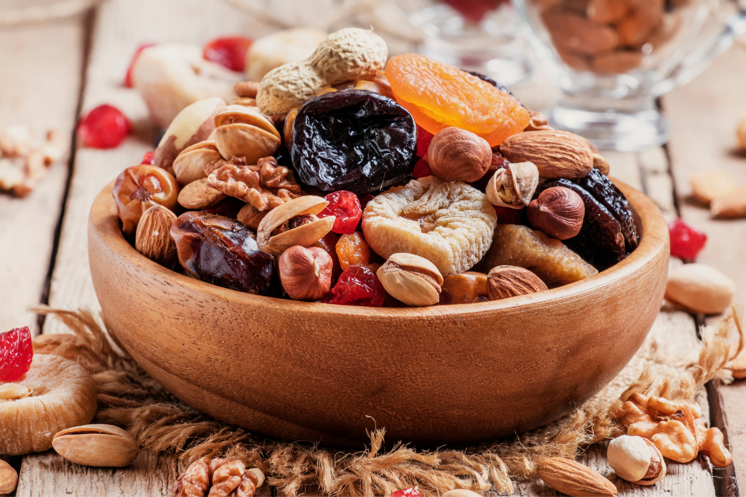 Bowl of nuts and dried fruits.