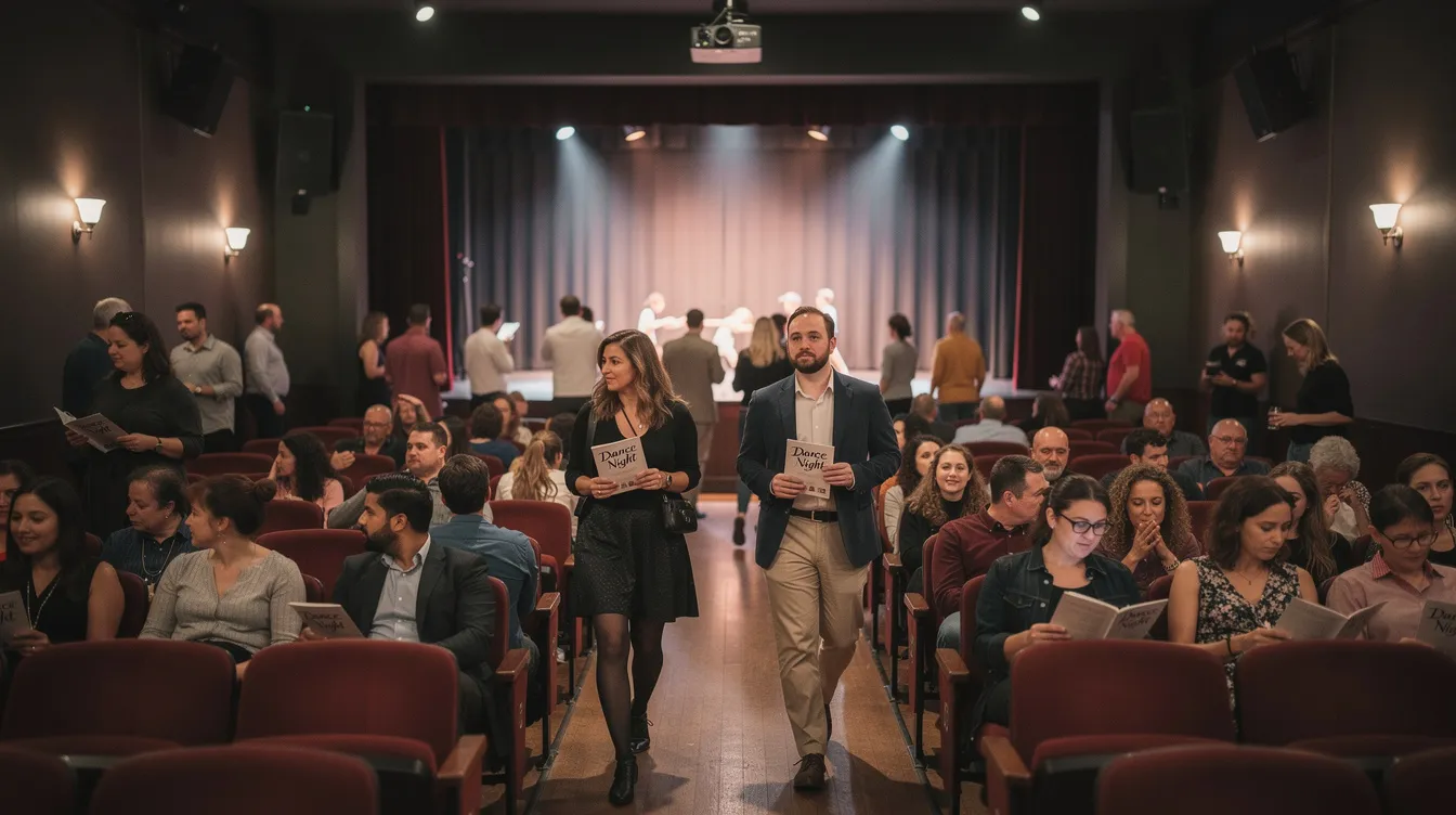 A crowd of attendees is entering a cozy theatre, buzzing with excitement for an upcoming dance performance. Guests are holding event tickets and scanning QR codes on their phones as they make their way to their seats, ready for a memorable experience.