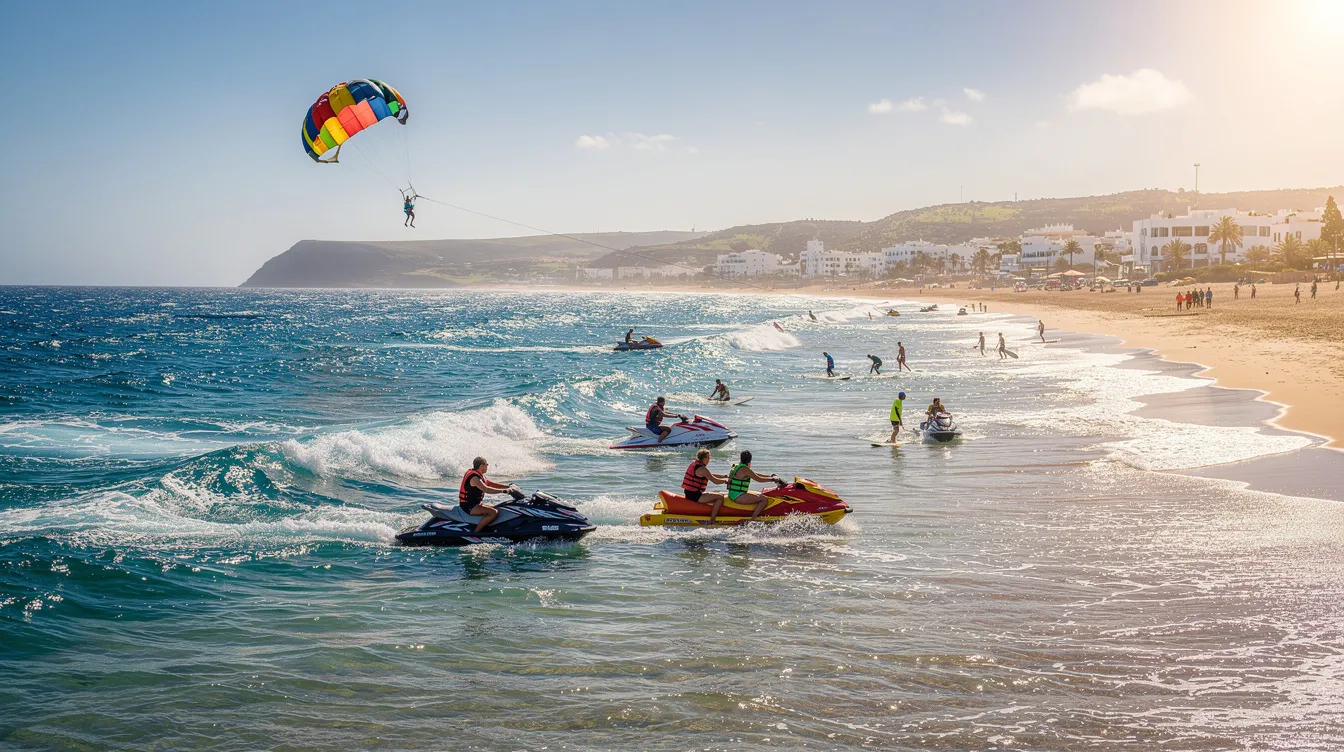 Travelers are enjoying various water sports on the sunny coastline of Agadir, with clear skies and warm temperatures typical of the summer months. The scene captures the vibrant atmosphere of this popular destination, ideal for those looking to visit Agadir year-round for its pleasant climate.