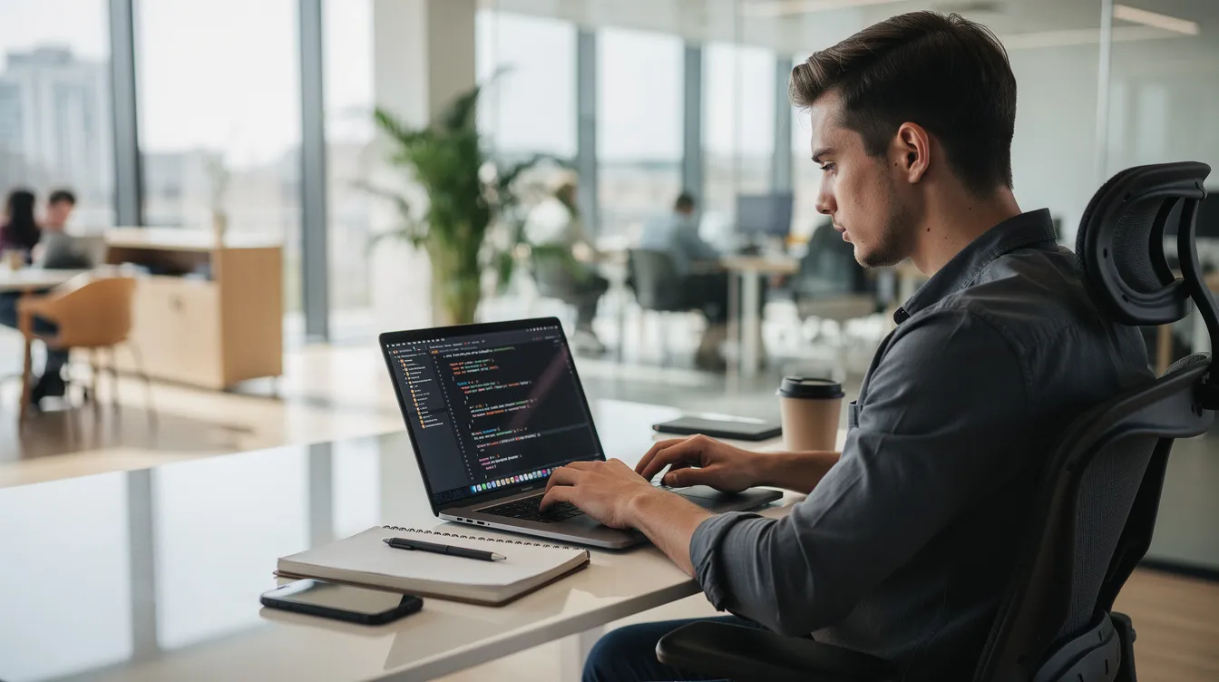 The image shows a young professional focused on their laptop, where lines of code are visible on the screen, set in a bright and modern office environment. This scene reflects a workspace where advanced concepts like vector databases, semantic search, and machine learning models might be actively discussed or developed.