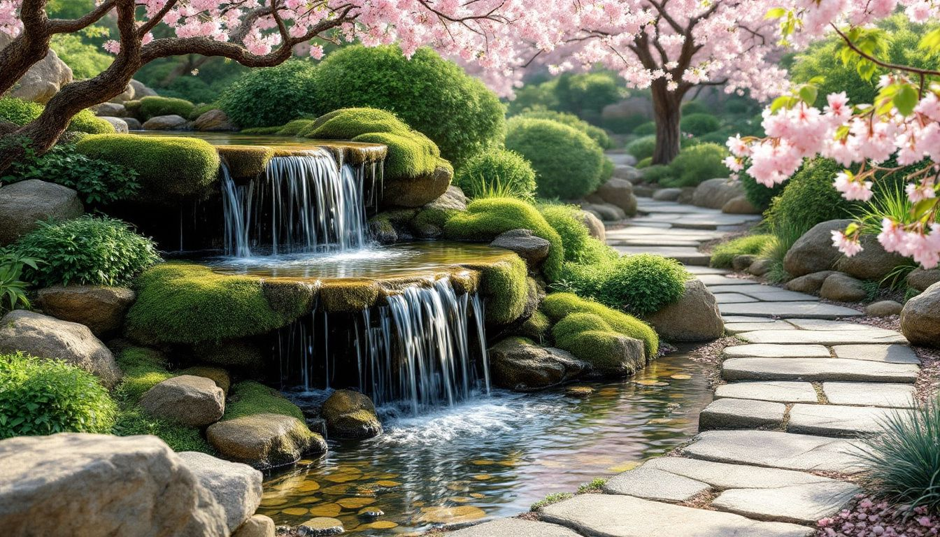 A serene outdoor waterfall fountain in a tranquil garden setting.