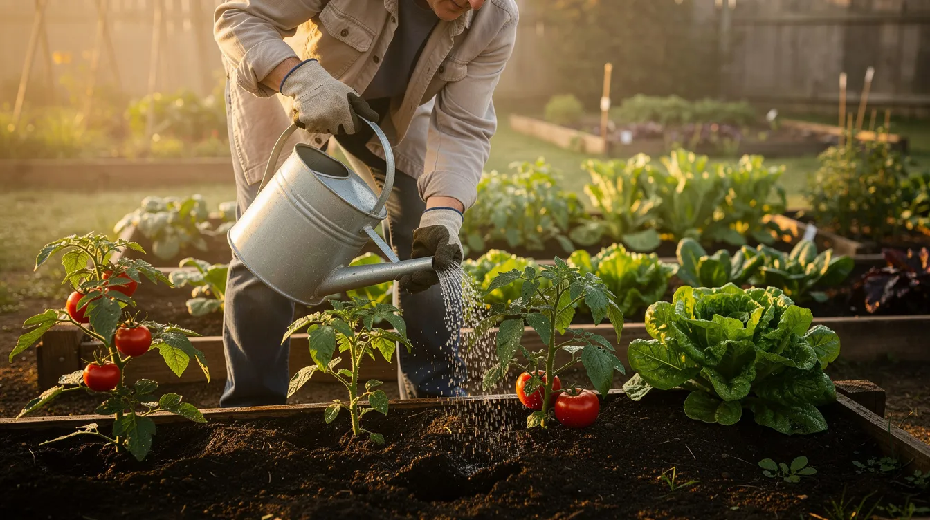 A gardener is watering vegetable plants at soil level with a watering can in the gentle light of early morning, promoting healthy growth in their organic vegetable garden. The scene captures the essential practices of nurturing plants and maintaining soil fertility for a bountiful harvest.