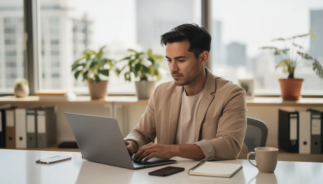 The image shows a small business owner focused on a laptop in a modern office space, symbolizing the importance of digital marketing services and SEO strategies for enhancing online visibility. This scene reflects the entrepreneurial spirit of Phoenix-based businesses striving for success in local search and search engine optimization.