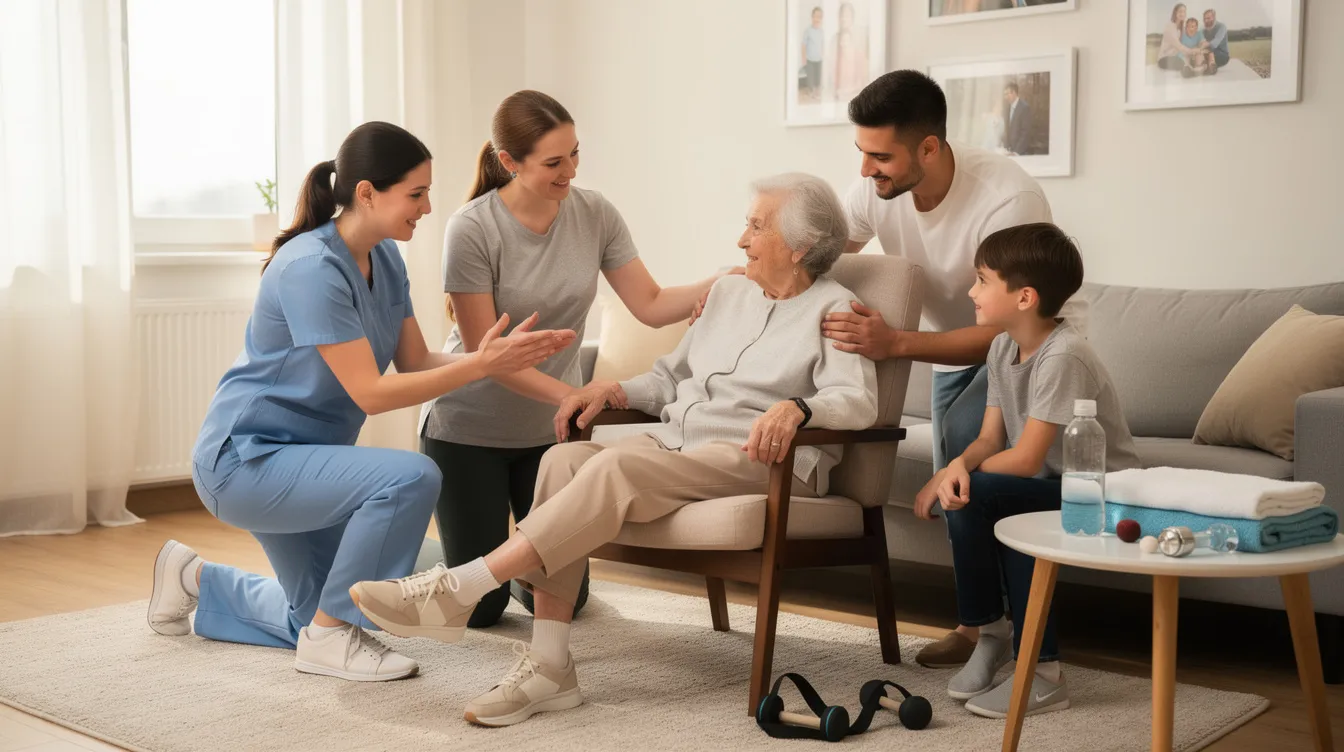 A family gathers around an elderly patient during a home physiotherapy session, engaging in tailored treatment plans to manage chronic pain and improve mobility. This supportive environment highlights the key benefits of home-based physiotherapy, emphasizing family involvement in the recovery journey.