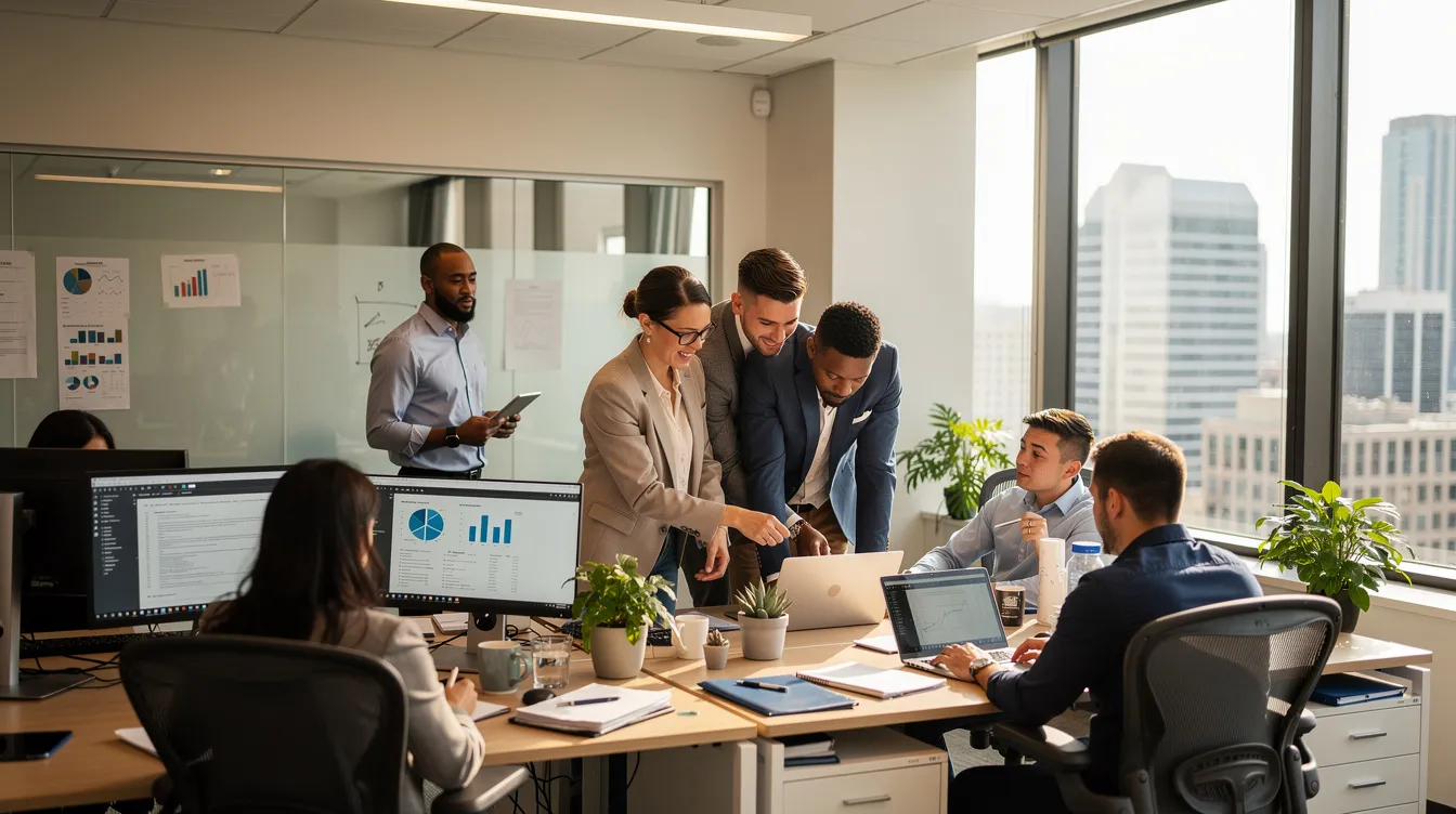 The image depicts a diverse group of professionals working diligently in an office environment, focusing on various tasks related to a construction project. They are likely involved in post construction cleaning services, ensuring the space is clean and dust-free, ready for operational efficiency.