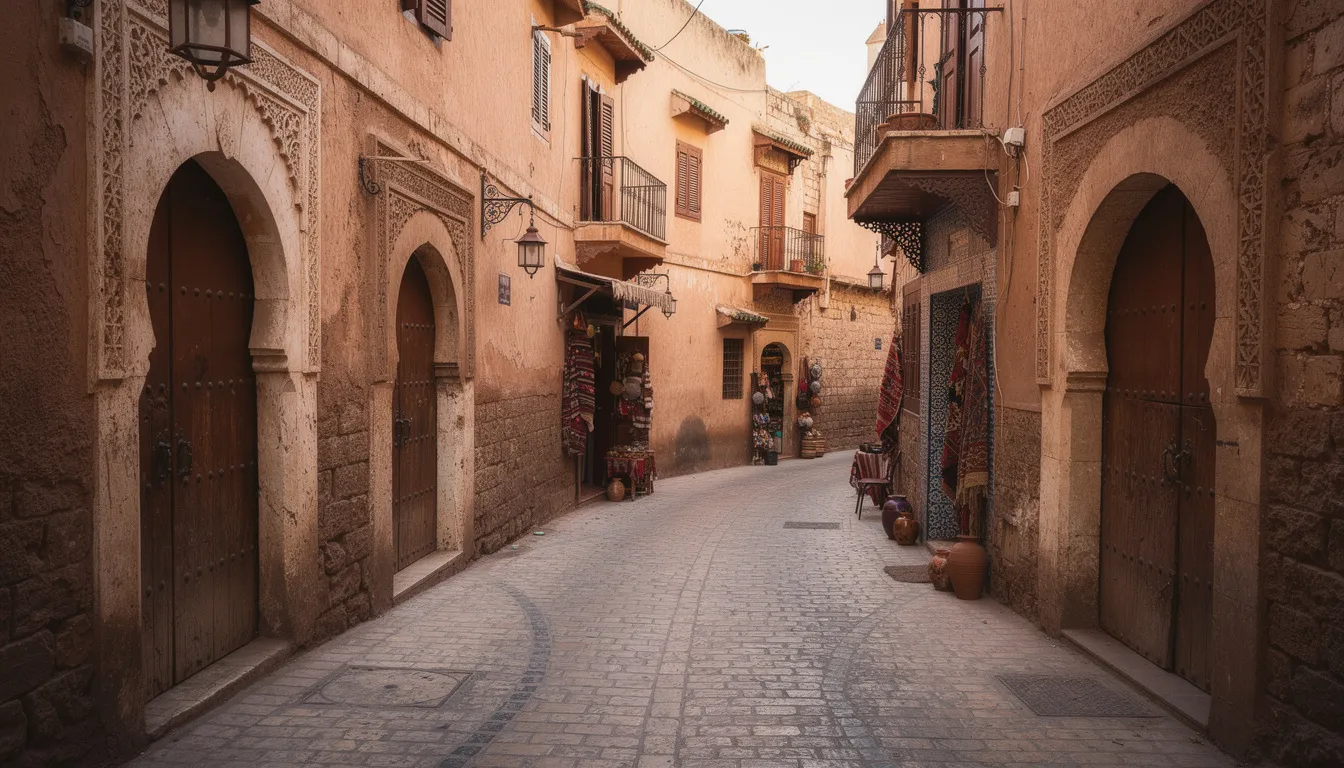 A narrow ancient street in a Moroccan medina features traditional architecture with intricate arched doorways, showcasing the rich cultural heritage of the region. This picturesque scene reflects the charm of Morocco's imperial cities and their UNESCO World Heritage sites.