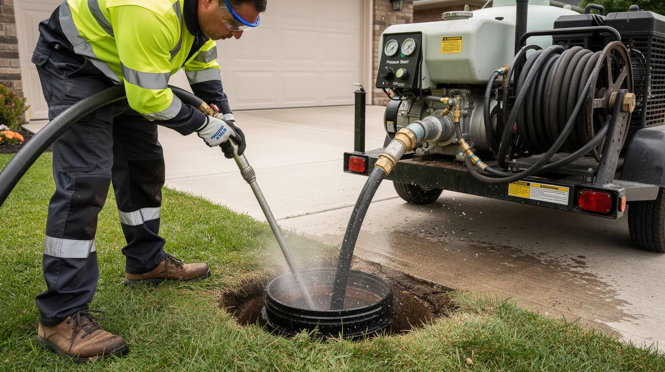 The image depicts high-pressure hydro jetting equipment being used to clear a residential sewer line, effectively addressing issues such as grease buildup and tree root intrusion. This modern sewer line repair method minimizes disruption while ensuring the removal of blockages in the existing pipes.
