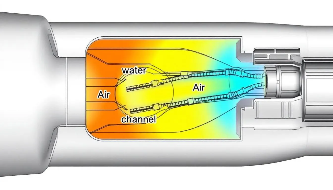 A cross-section view of a handpiece spray system illustrates the intricate design of water and air channels, showcasing how air pressure and internal water work together for efficient patient care during dental procedures. This detailed representation highlights the precision engineering behind high-speed and slow-speed handpieces, including their turbines and air motors.