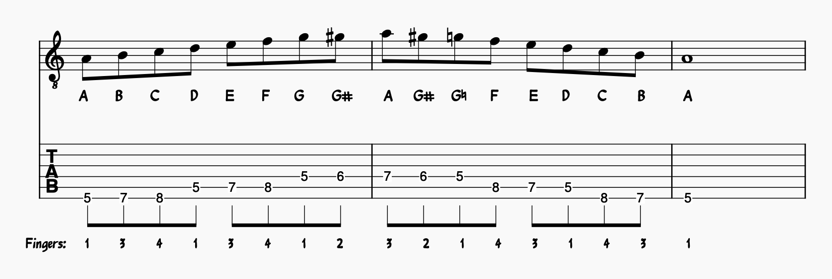 Bebop harmonic minor scale in A
