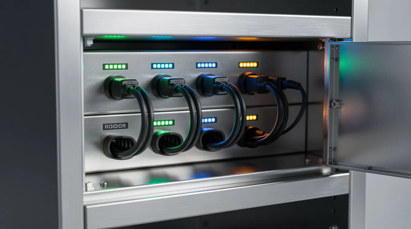 A close-up view of a smart charging locker bay reveals USB cables and indicator lights within a steel compartment, showcasing the advanced technology of smart lockers that provide secure storage solutions for personal devices. This smart locker system offers users a convenient way to charge and securely store their belongings while shopping or accessing shared assets.