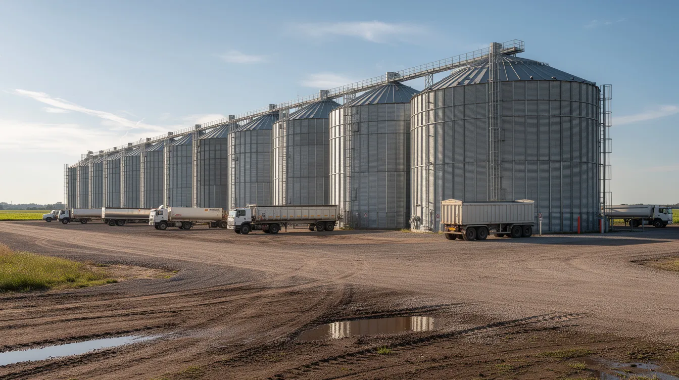 e0f81363 3e67 4ebc b25f 60b76ff691f6 The image depicts a row of large steel grain storage silos on flat agricultural land, with trucks parked nearby, highlighting the storage capacity and infrastructure essential for food security in India. These grain storage silos are crucial for efficient grain handling and reducing post-harvest losses, supporting farmers and grain traders alike.