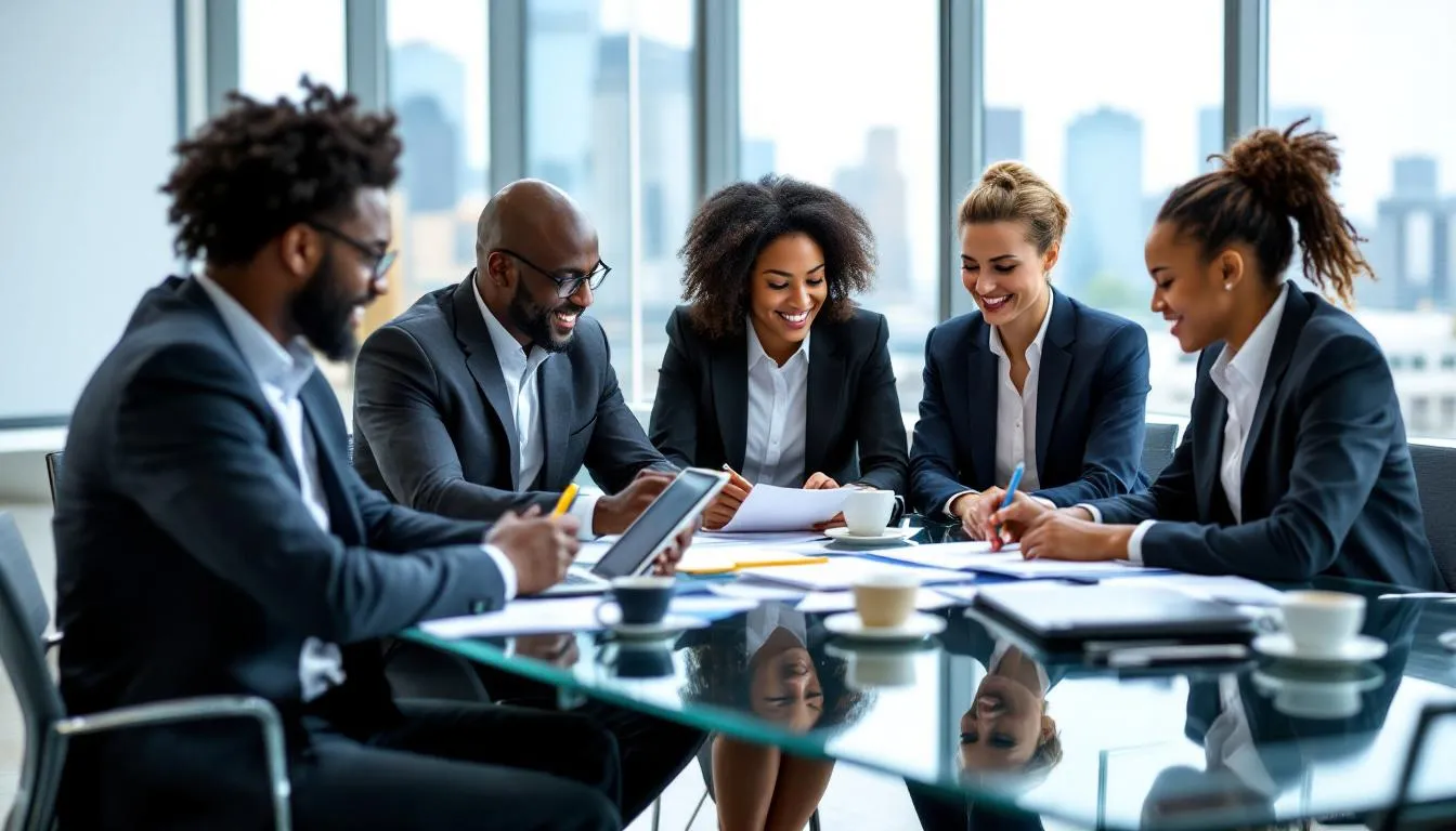 A diverse group of executives is gathered around a table, actively reviewing performance data and discussing leadership development programs aimed at enhancing their leadership skills and organizational performance. They are engaged in a collaborative process, reflecting on strategic imperatives and potential solutions for developing effective leaders within the organization.