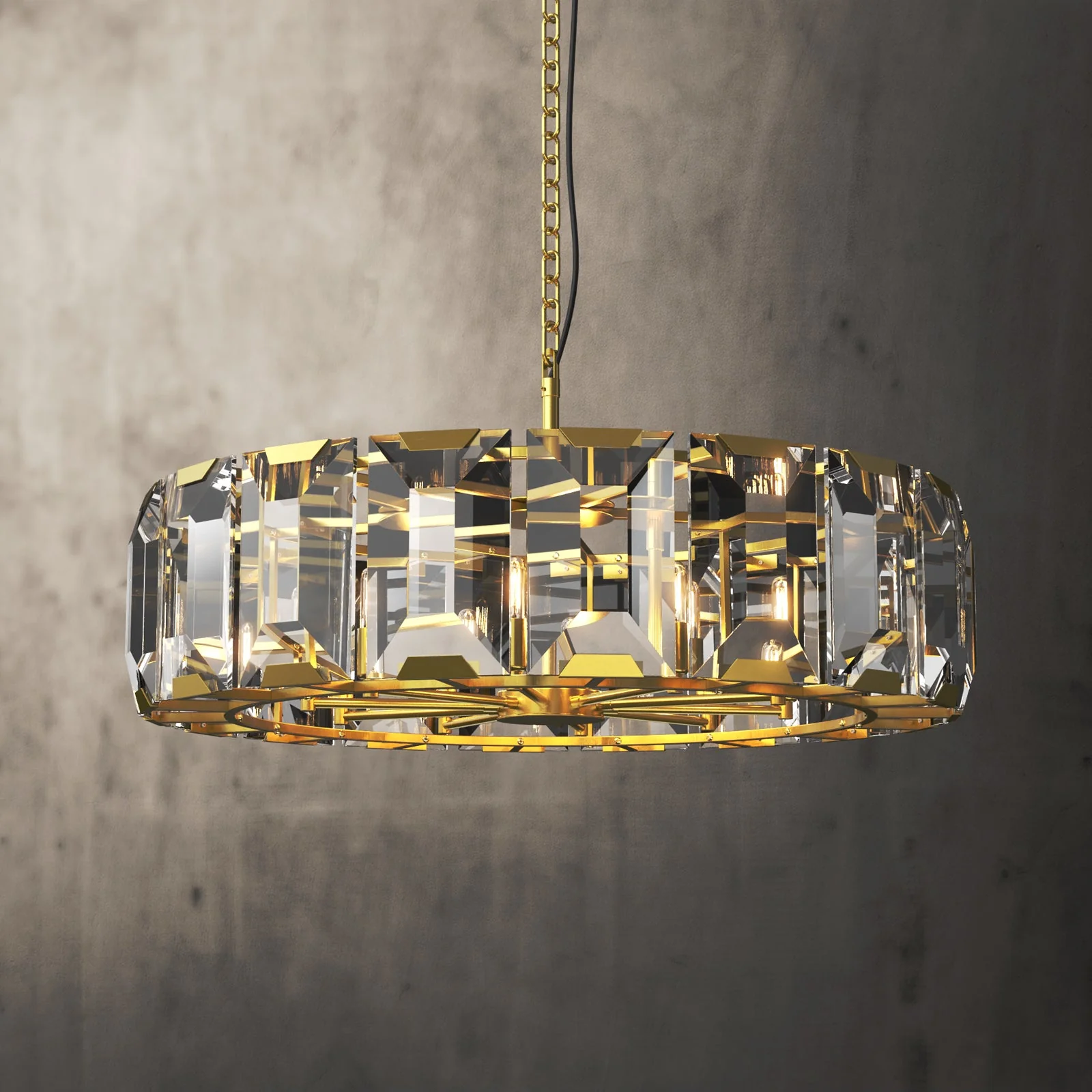 Circular Crystal Prism Chandelier with a gold finish, suspended from the ceiling by a metal chain.