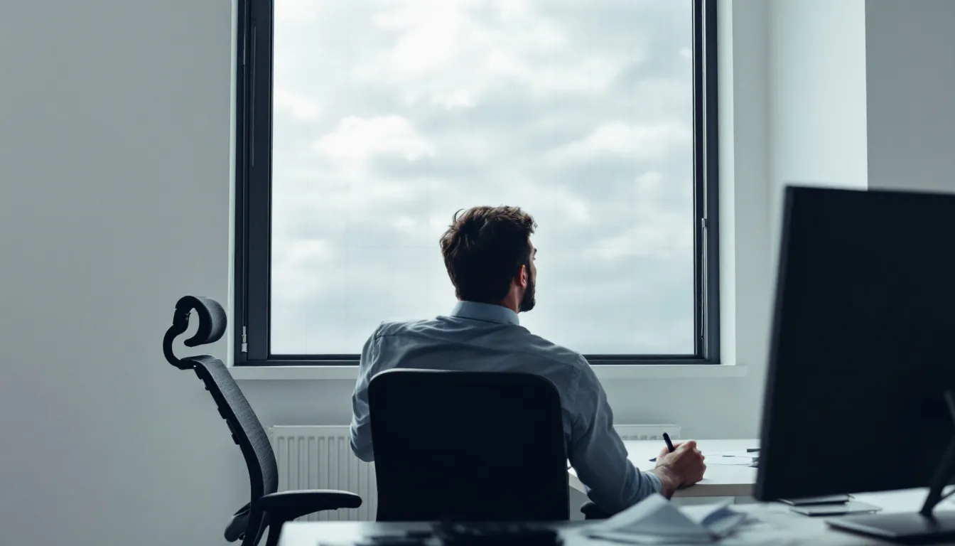 Mitarbeiter schaut gedankenverloren aus dem Fenster – Symbolbild für ausgelangweilt sein im Büro.
