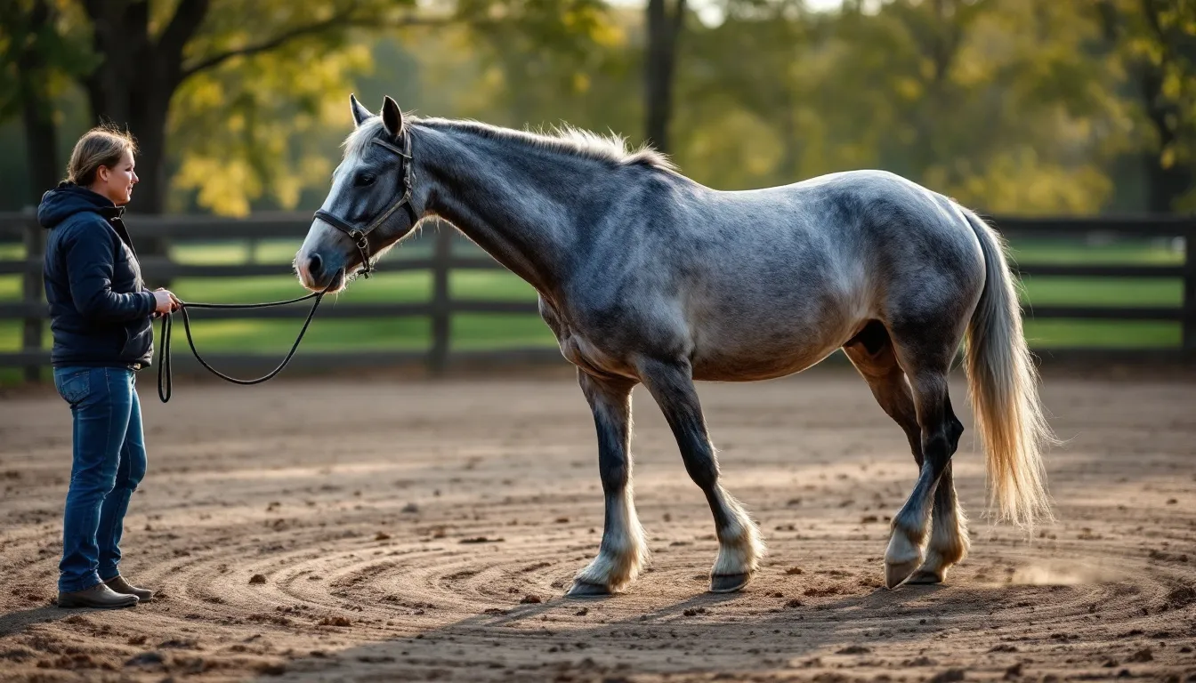 Ein älteres Pferd wird sanft an der Longe bewegt, um seine Fitness zu erhalten. Der Longenführer arbeitet mit dem Pferd in einem Kreis, um die Beweglichkeit und Kondition des Tieres zu fördern.