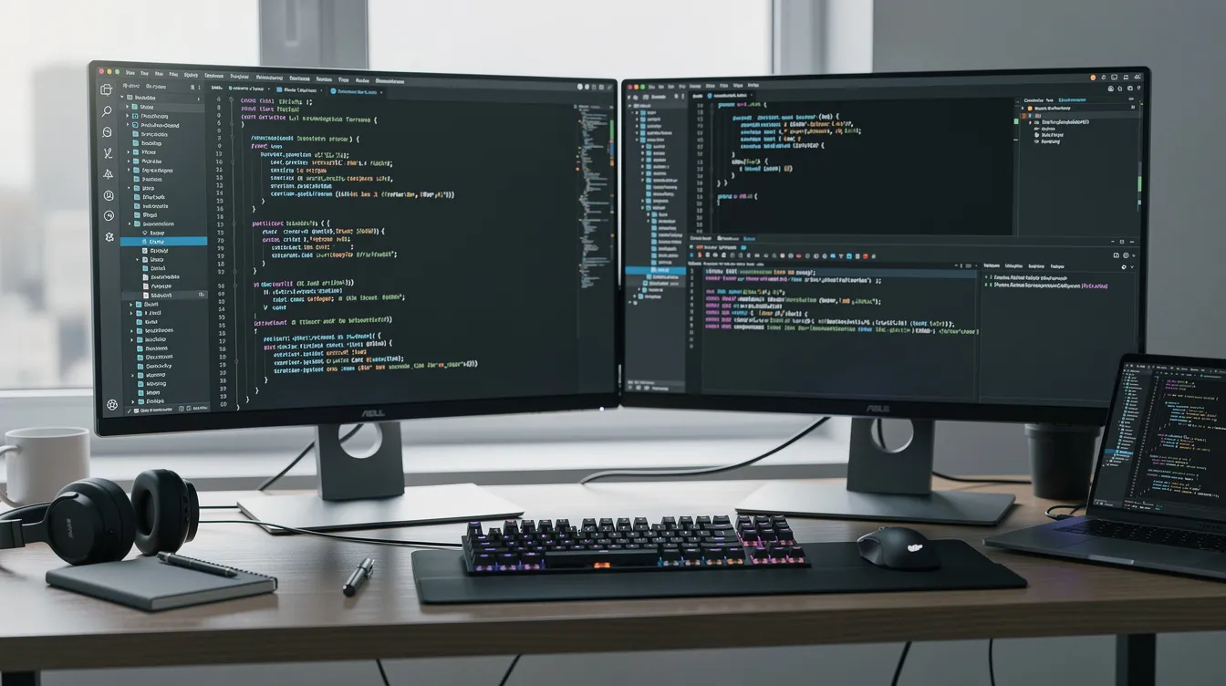 The image depicts a developer's workspace featuring dual monitors, both displaying code in a modern text editor with a dark theme. The setup emphasizes coding standards and project structure, showcasing a focus on error handling and best practices in software development.