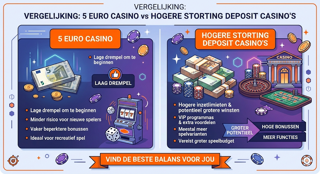 Infographic met vergelijking tussen een 5 euro deposit casino en casino’s met hogere minimale storting, waarbij wordt uitgelegd hoe een 5 euro casino een lage instap biedt voor nieuwe spelers terwijl casino’s met hogere stortingen grotere bonussen en hogere inzetten mogelijk maken.