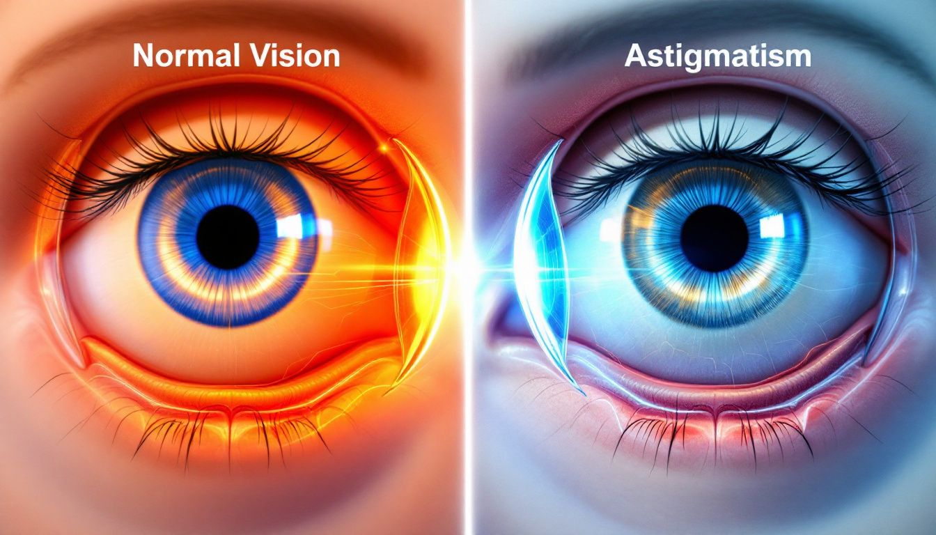 An illustration showing the difference between normal vision and vision affected by nearsightedness with astigmatism.