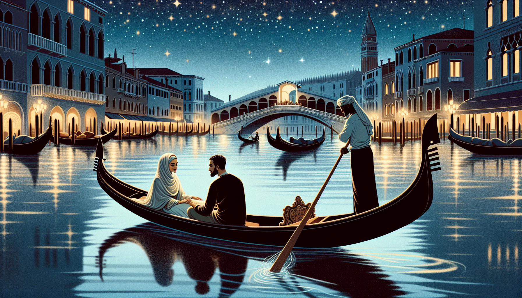 A romantic gondola ride under the stars in Venice Italy