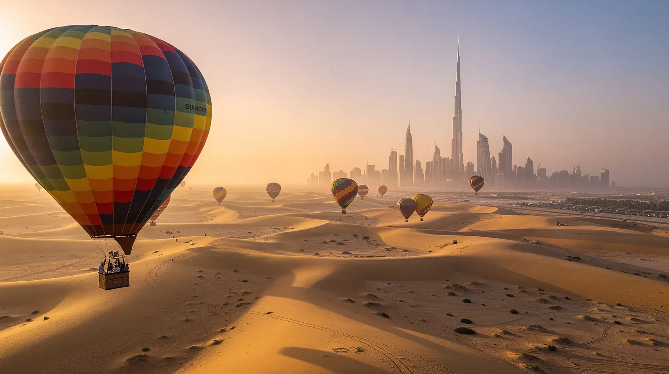 Um passeio de balão sobre Dubai oferece uma vista deslumbrante da cidade e do deserto ao redor, com destaque para o icônico Burj Khalifa e as extensas áreas de areia que compõem a paisagem dos Emirados Árabes Unidos. Os turistas podem desfrutar da beleza do Golfo Pérsico e da rica cultura árabe enquanto flutuam suavemente pelo ar.