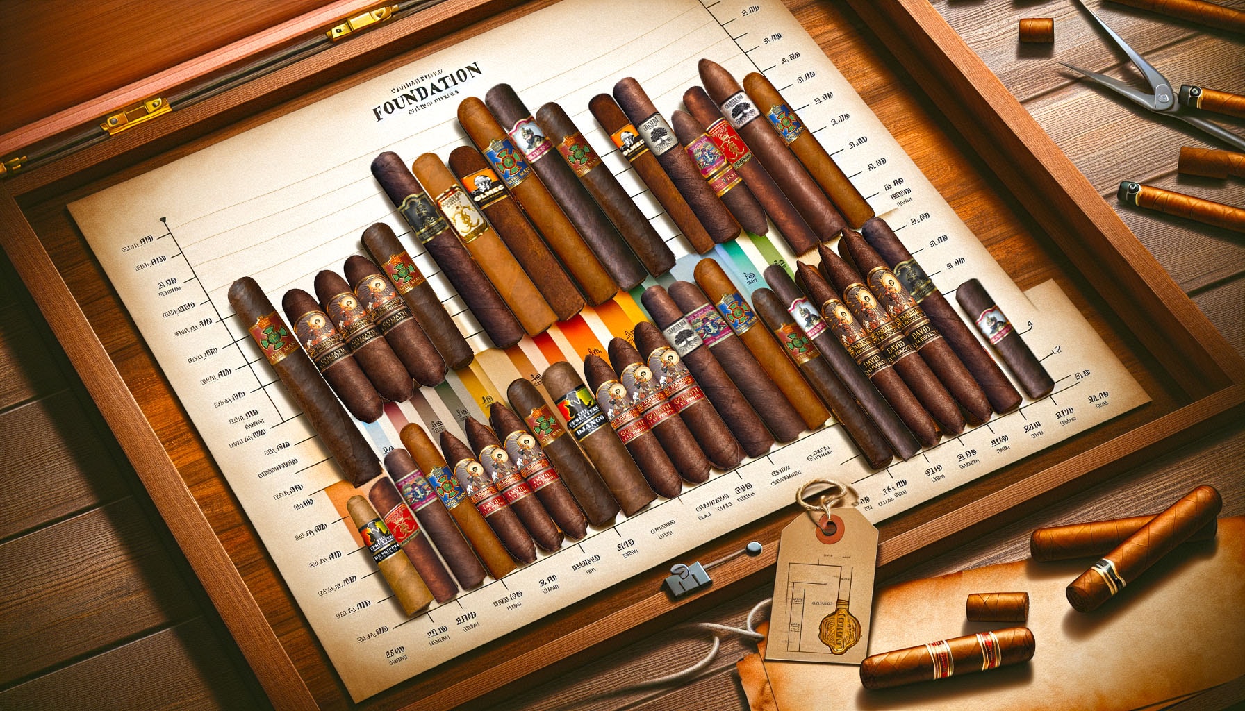 An illustrated chart displaying popular foundation cigars and their prices.