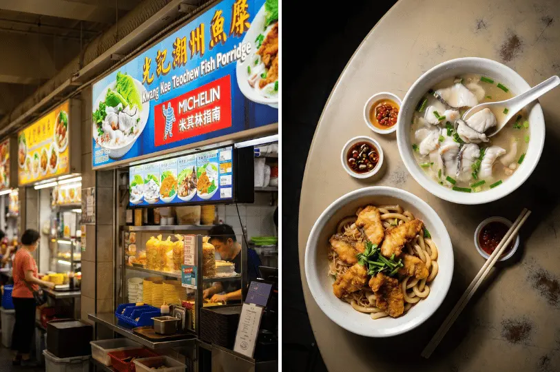 Split-screen image showing the Kwang Kee Teochew Fish Porridge stall with its prominent Michelin sign, alongside a top-down view of sliced fish soup and fried fish noodles on a round table.