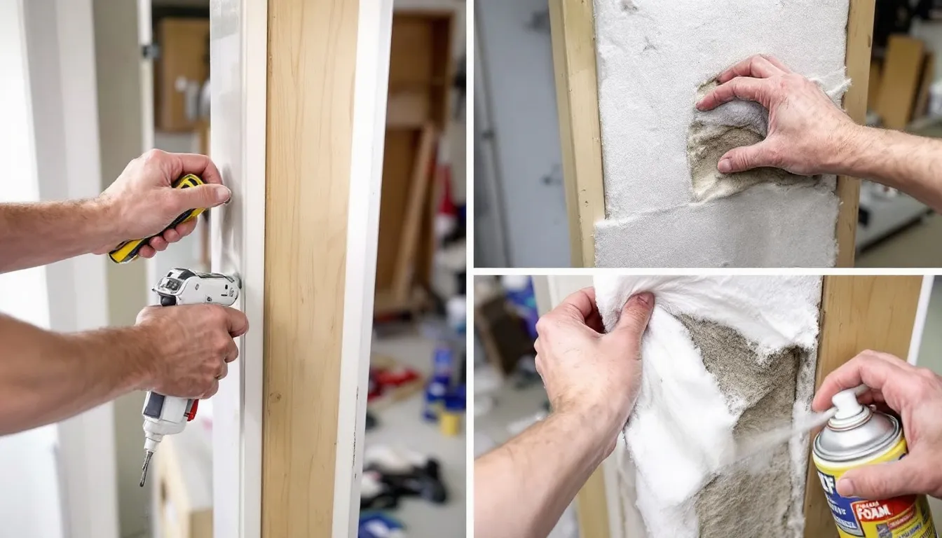 Weatherproofing materials for patio doors, including caulk and foam insulation.