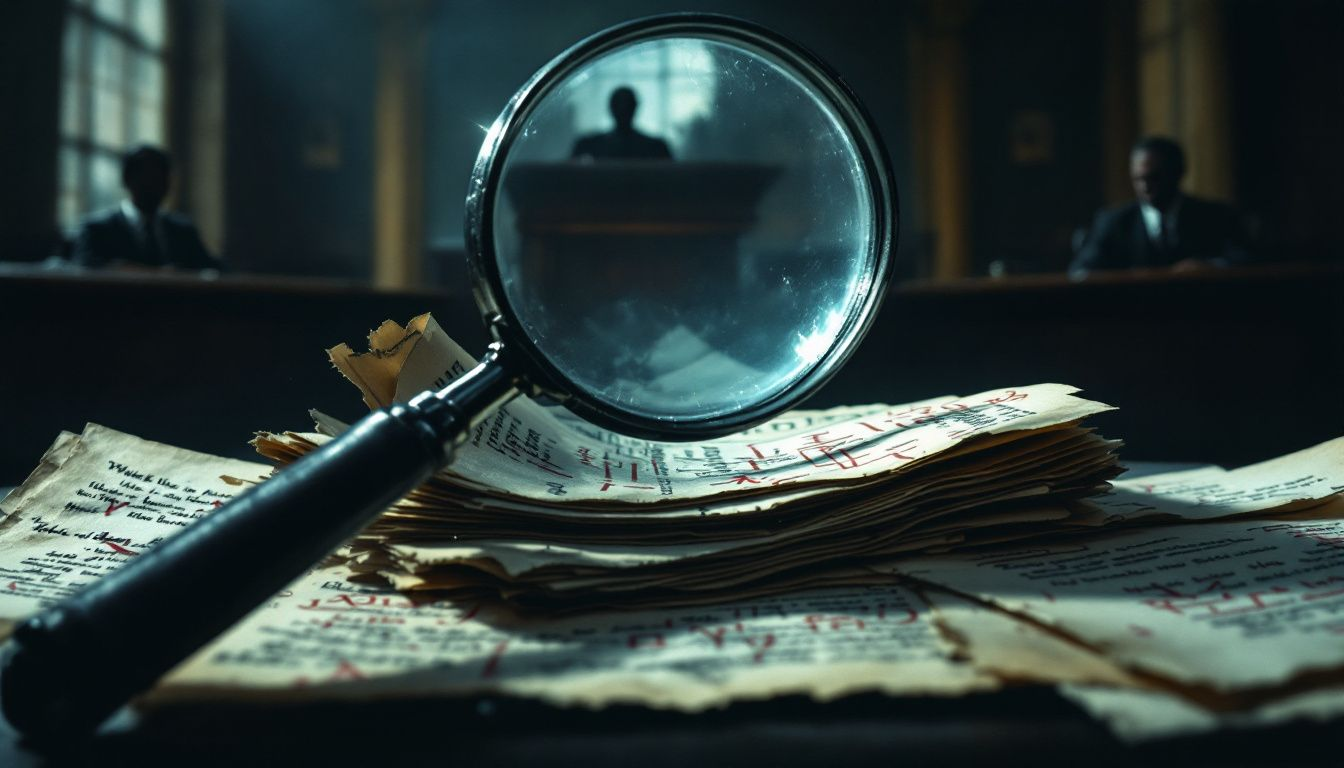 A magnifying glass focusing on documents, symbolizing the investigation of the accuser's background and motives.