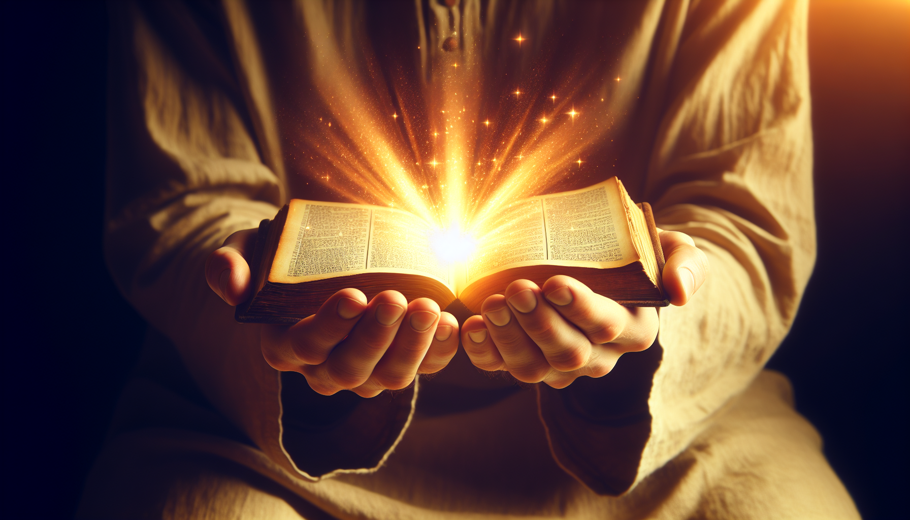 Hands holding a glowing bible with a divine light shining from its pages