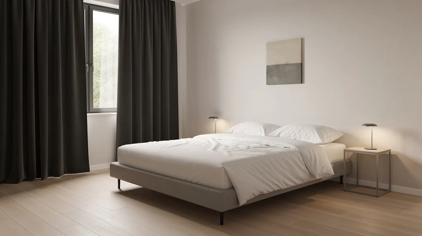 The image features a clean, minimalist bedroom with dark curtains and a neatly made bed, creating an ideal sleep environment that promotes quality sleep. This serene setting encourages a calming bedtime routine, helping individuals fall asleep faster and enjoy a good night&rsquo;s sleep.